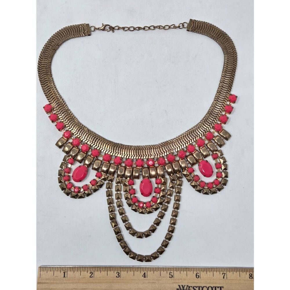 VINTAGE COUTURE BYZANTINE EGYPTIAN PINK STONES GOLD CHUNKY STATEMENT NECKLACE